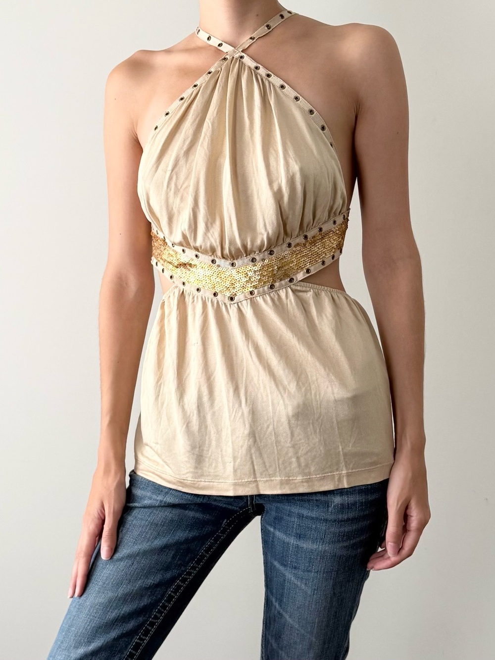 Y2K club Marciano gold 100% silk sequin backless top